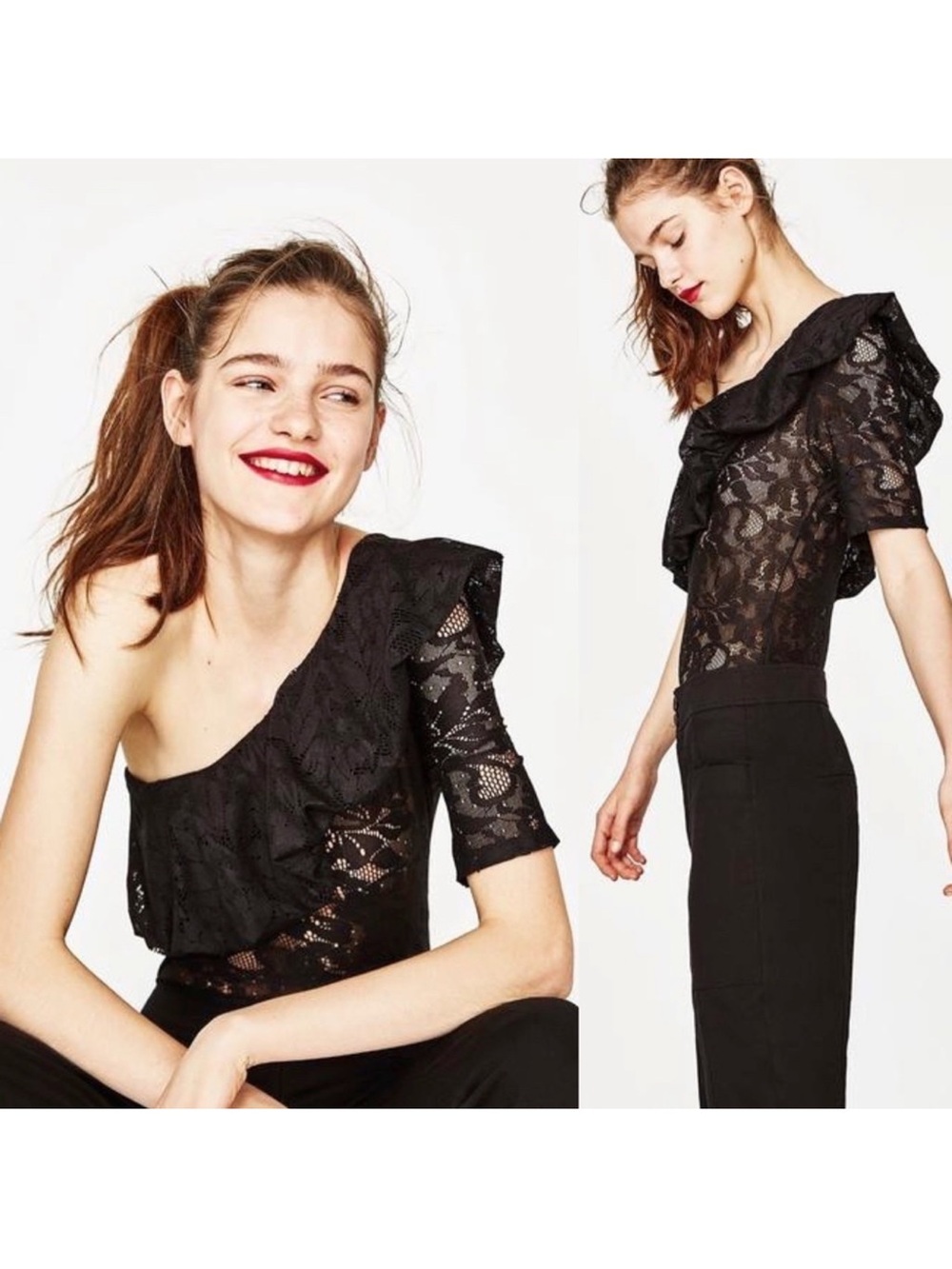 NWT Zara Black Lace Ruffle Bodysuit Small